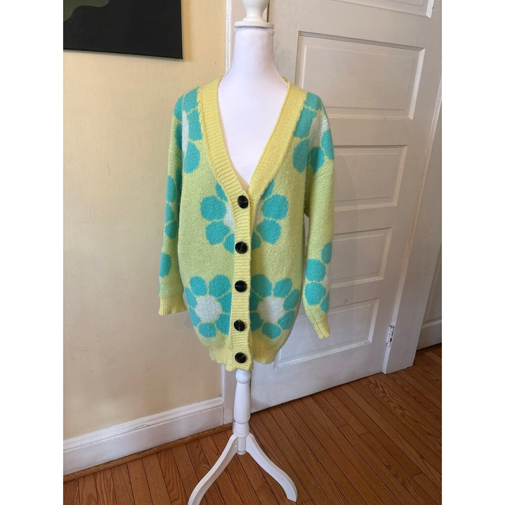 Woman's cardigan HYFVE lime green blue floral bold flowers 80's modern vintage